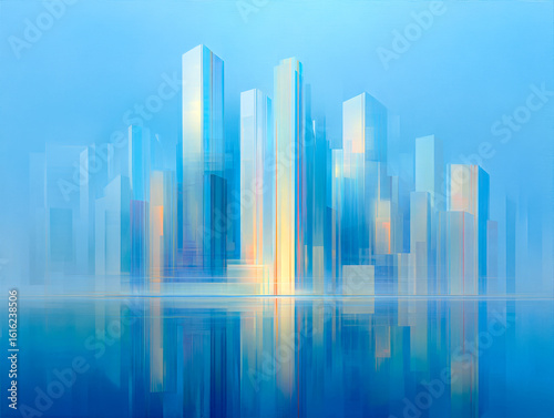 Futuristic cityscape with glowing skyscrapers reflected on water