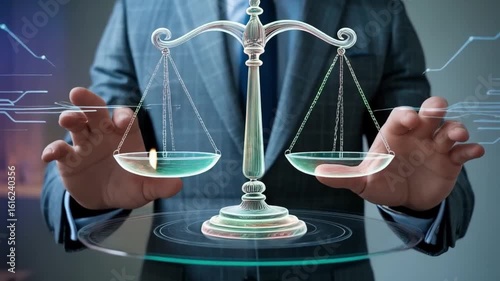 Professional businessman uses futuristic digital scales of justice symbolizing legal balance and decision making