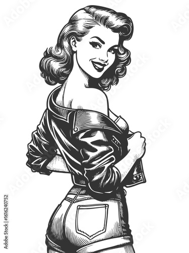 smiling woman turning back, wearing a leather jacket off the shoulder and high-waisted shorts sketch engraving generative ai fictional character vector illustration. Scratch board. Black and white.