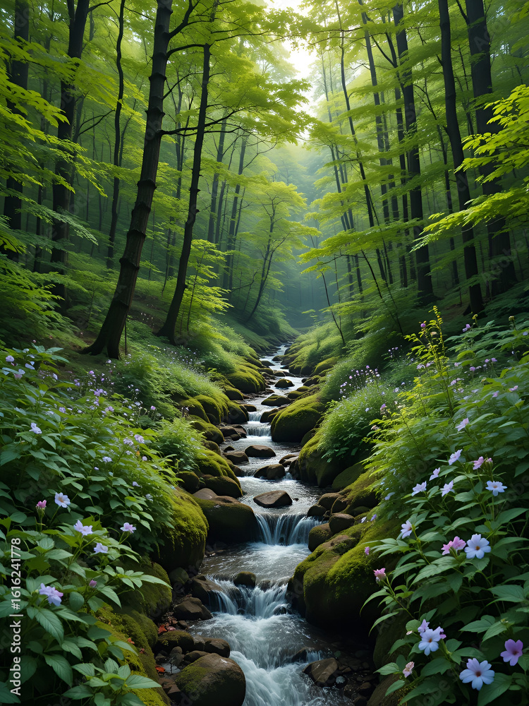 Obraz premium Lush green forest with a babbling brook and wildflowers in summer, foliage, forest