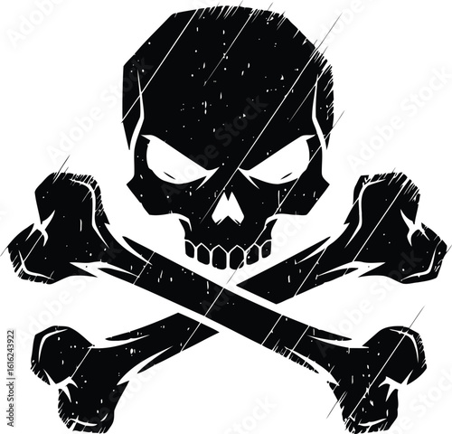 Black skull and crossbones with distressed texture and sharp edges white