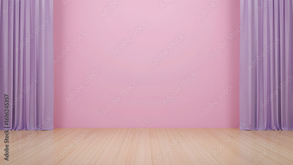 Empty Pink Room with Purple Curtains and Light Wooden Floor Minimalist Interior Empty Pink Room with Purple Curtains and Light Wooden Floor Minimalist Interior