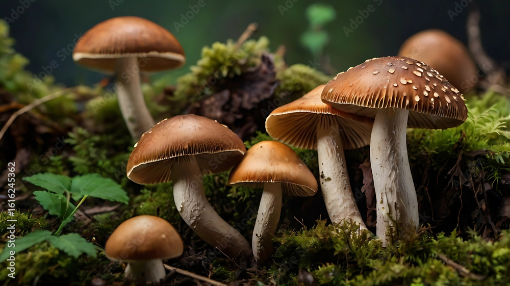 Fototapeta premium Enchanting Forest Floor: Cluster of Brown Cap Mushrooms on Mossy Ground – Ideal for Nature Exploration, Organic Food Concepts, and Woodland Ecosystems