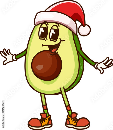 Avocado fruit half in Santa hat groovy funny character. Vegan food happy hippie vector character, natural tropical fruit funny groovy personage. Fresh avocado celebrating Christmas holiday mascot