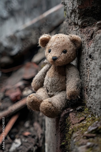 A worn stuffed teddy bear sits against a textured wall amidst debris