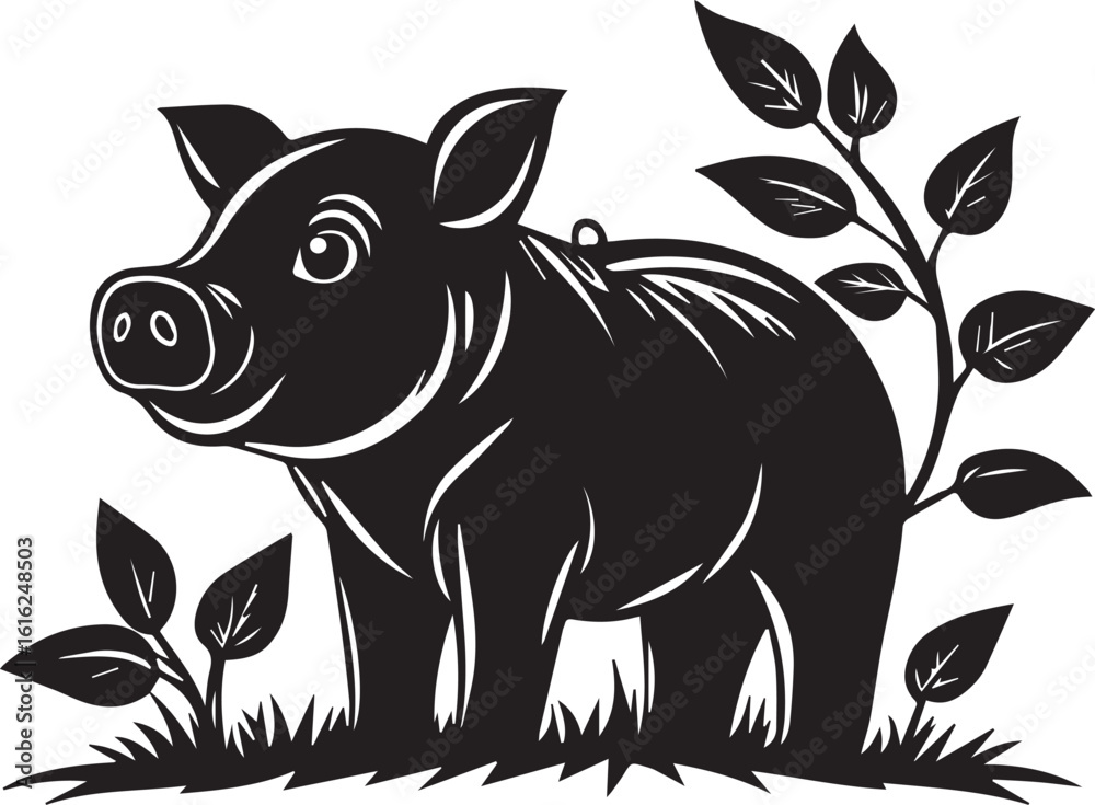 Obraz premium Black piglet standing among plants animal leaf