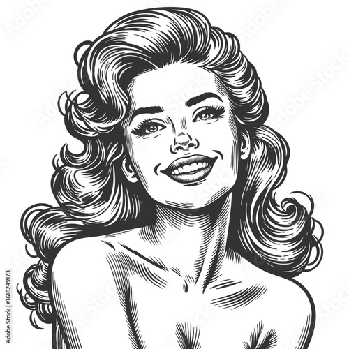 woman with voluminous hair and a radiant smile, facing forward confidently sketch engraving generative ai fictional character vector illustration. Scratch board imitation. Black and white image.