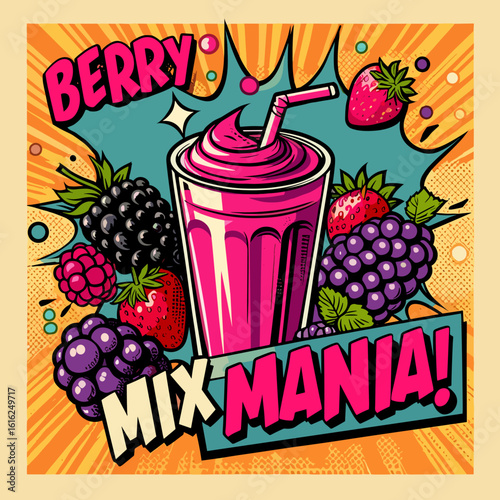 Berry smoothie with mixed berries in bold pop art vector style
