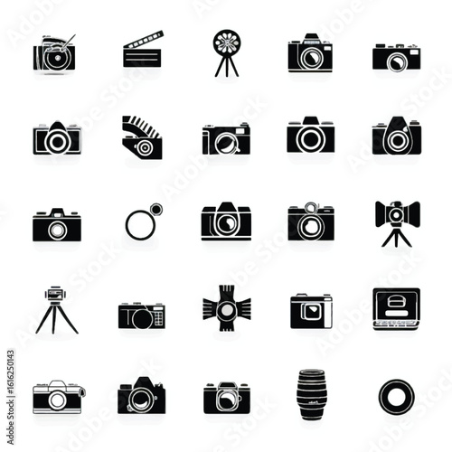 Collection of photography and videography equipment icons showcasing cameras lenses lights and film equipment for creative visuals and professional imagery