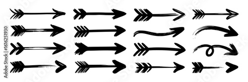 Hand-drawn black ink arrow collection: 20 vector illustrations of various styles.  Set includes straight arrows, curved arrows, and stylized arrows with varying line weights and fletching details. Mon