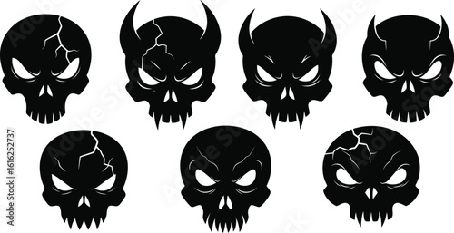 Black demonic skulls with glowing eyes and cracked foreheads evil horror