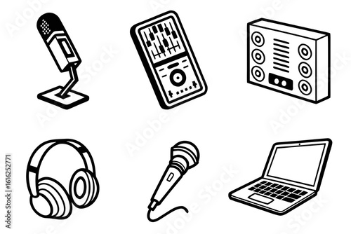 Collection of Audio and Music Production Equipment Icons.
