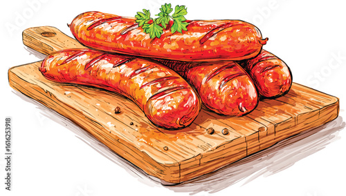 Delicious Grilled Sausages on a Wooden Board with Parsley Illustration of a Meal Ready to Eat
