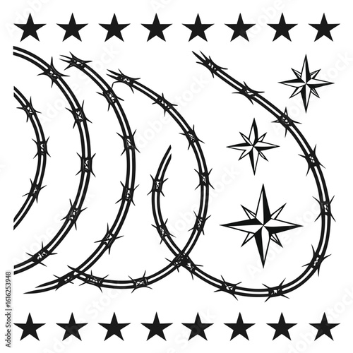 High-contrast vector tattoo sheet with barbed wire loops flame shapes spiked starbursts and minimalist chrome-inspired flourishes flat black-only graphics isolated icons and border elements clear