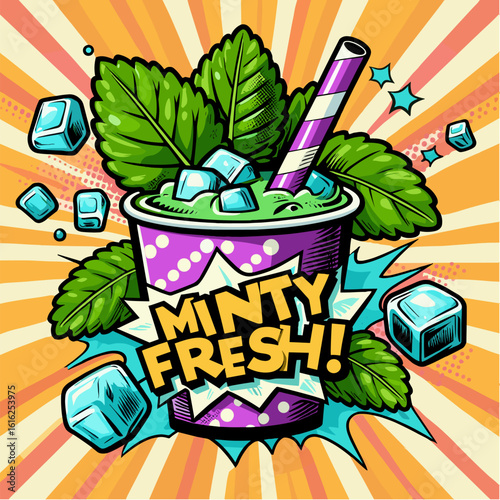 Mint smoothie with leaves and ice cubes in comic pop art bold vector