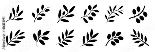 Collection of twelve black silhouettes of olive branches and leaves. Vector illustration set of simple, elegant botanical design elements, featuring various arrangements of leaves and olives. Monochro