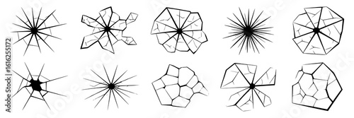 Collection of 10 vector illustrations of cracked glass, broken window pane shapes.  Black line art on white background depicting various fractured patterns; shattered, radial, irregular cracks and fra