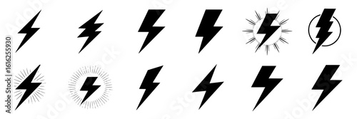 Collection of twelve black lightning bolt icons; vector illustration set.  Includes various styles: single bolts, double bolts, bolts within sunburst/starburst designs, and a bolt inside a circle. Mon
