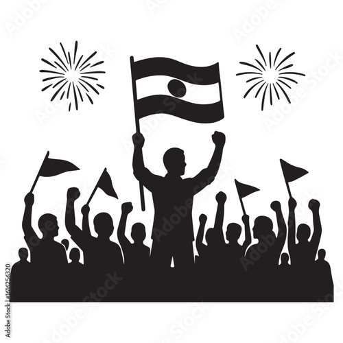 Children waving Indian flags in silhouette with festive background