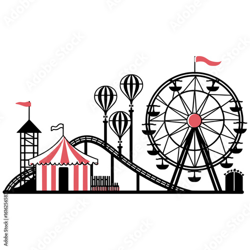 Amusement Park Silhouette Ferris Wheel Roller Coaster Striped Tent