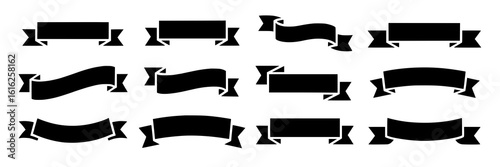 Collection of twelve black ribbon banners; vector illustration design elements. Set of flat, solid black ribbons in various shapes and styles: straight, curved, and wavy.  Monochrome graphic design el
