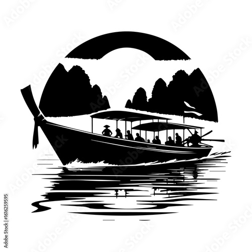 Silhouette of a Longtail Boat with Passengers and Karst Mountains.