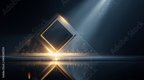 Square with a golden frame is lit up by a spotlight