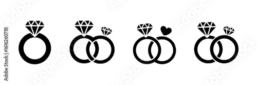 Collection of four black and white vector illustrations of rings with diamonds.  Set includes single ring with diamond, two interlocking rings with diamonds, two interlocking rings with diamonds and a