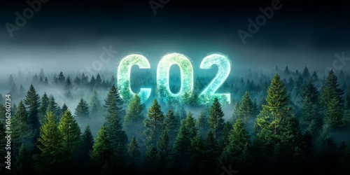 The image is of a forest with trees and the word CO2 is written in green letters