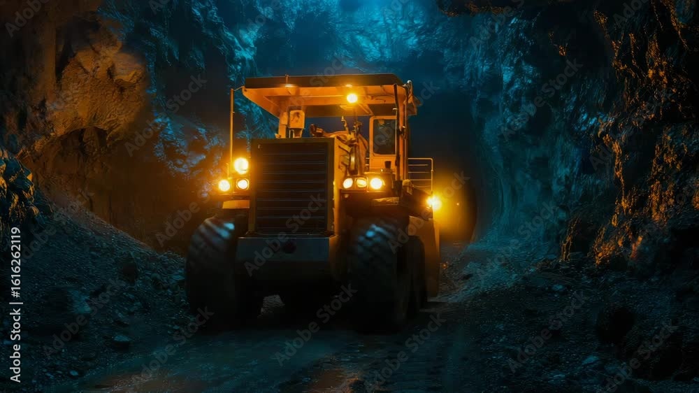 A mighty yellow industrial haul truck with bright lamps traversing a deep, glowing underground rock passage