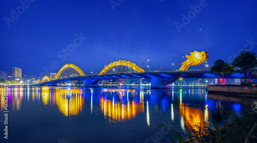Night view of dragon bridge illuminated over han river in Da nang Vietnam, Famous landmark