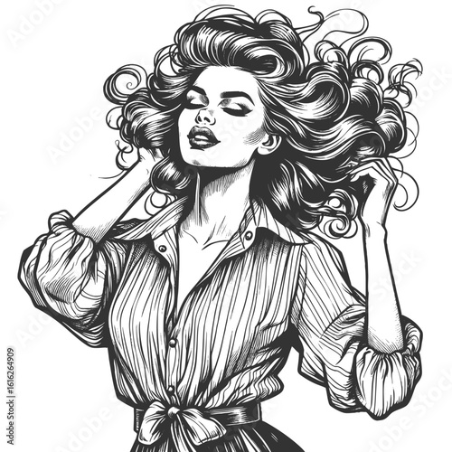 woman with flowing, voluminous curls, eyes closed, and hands in her hair wearing a tied blouse sketch engraving generative ai fictional character vector illustration. Scratch board. Black and white.