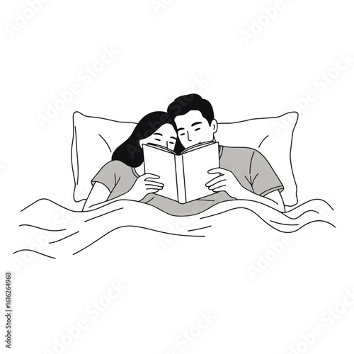 Couple reading a book together while lying in bed under blankets  