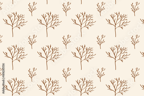 Bare forest tree branches seamless pattern. Elegant line drawing of leafless trees in a neat repeating layout. Ideal for winter autumn textiles, wrapping paper, wallpaper, or calm seasonal backdrops, 