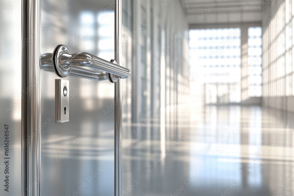 Stainless steel door handle on a reflective metal door. Stainless steel door handle on a reflective metal door.
