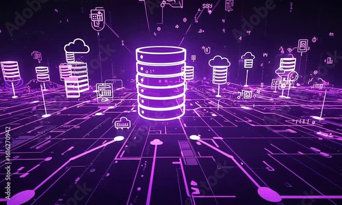 Purple network landscape with data storage servers and cloud computing icons scattered around