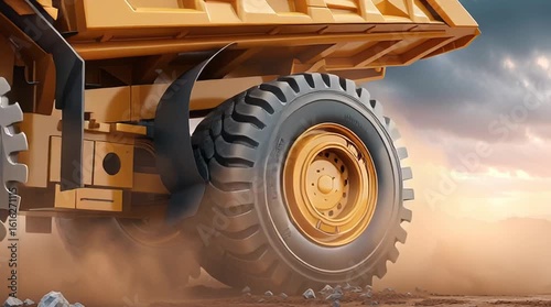 Wheel Dust Kickup, Off‑road dump truck animation off‑road dump truck unloading dump truck cinematic mining scene