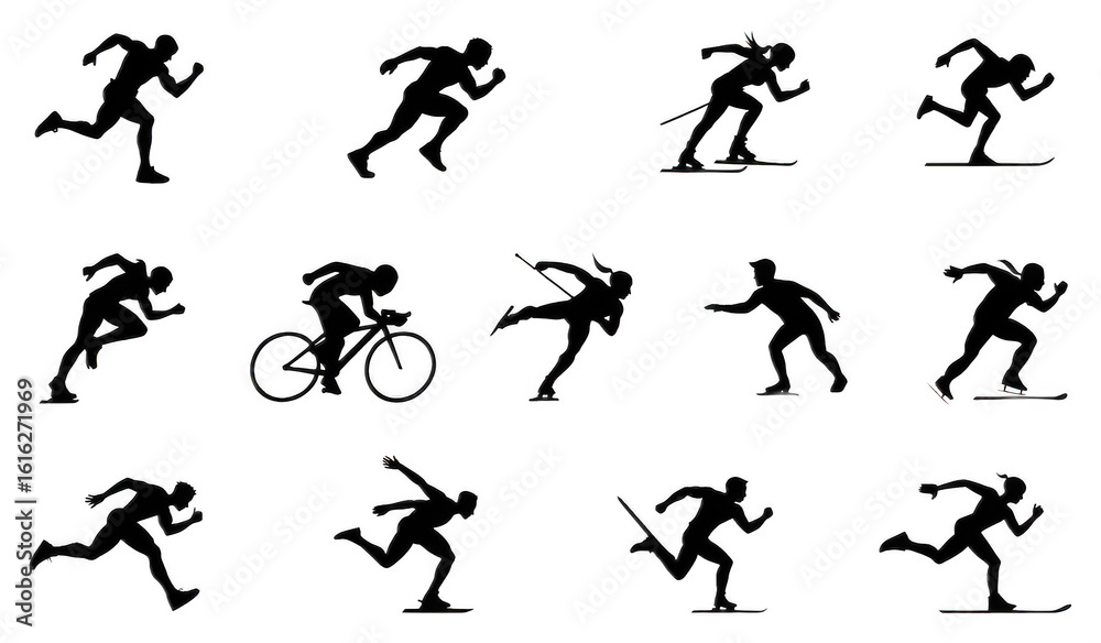 Obraz premium This set features black vector silhouettes of people engaging in various sports like running, jumping, dance, tennis, football, soccer, basketball, and yoga, perfect as fitness icons for illustration 