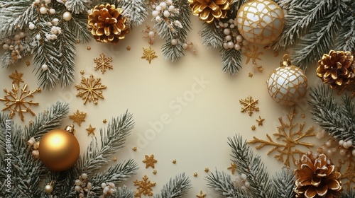Elegant Christmas Decorations With Golden Ornaments and Festive Foliage in Wi...