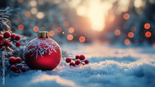 Decorative Red Christmas Ornament Resting on Snow With Winter Scenery and Sof...