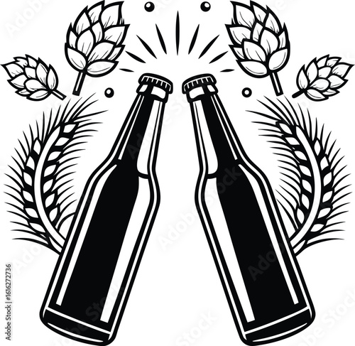 Two beer bottles clinking together with hops and barley illustration