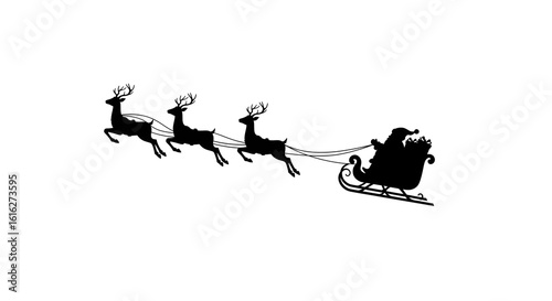 Santa's Sleigh Flies, Black Silhouette on White. Vector image for marketing, graphic design, web design.