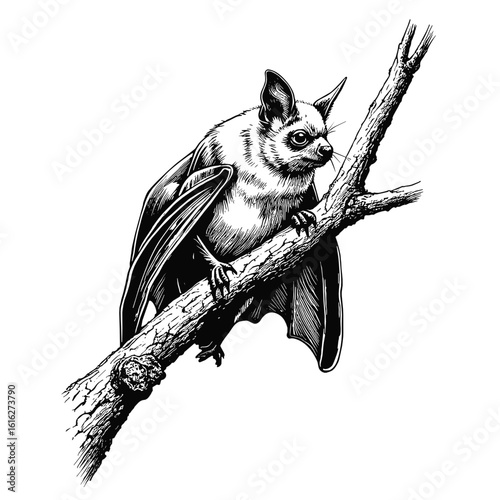 Bat on branch in black and white sketch with capillary pen in vintage style  