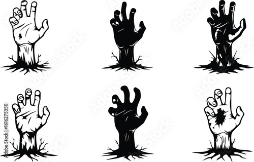  set of six zombie hands emerging from the ground, isolated on white background