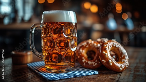 Enjoying Beer and Pretzels in a Cozy Tavern Setting in the Evening
