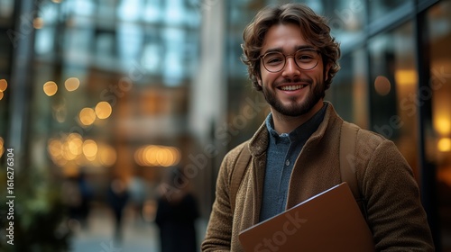 Young Man Smiles Warmly While Holding a Folder in a Modern Urban Setting Duri...