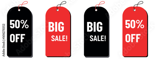 Realistic red sale labels, discount price tags mockups. Paper gift label with rope, promotional sales hanging tag vector template set. Retail product sticker elements with deal, hot price.