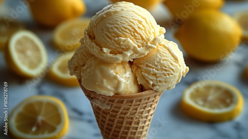 Refreshing Lemon Ice Cream Served in a Waffle Cone With Fresh Lemons on a Mar...