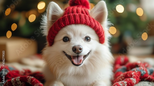 Cute White Dog Wearing a Red Knitted Hat and Scarf During Winter Holiday Season.