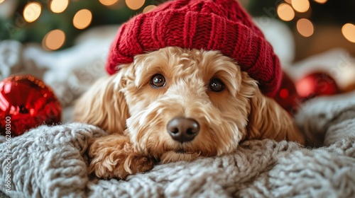 Cute Dog Wearing a Red Hat Resting on Cozy Blanket With Christmas Ornaments i...